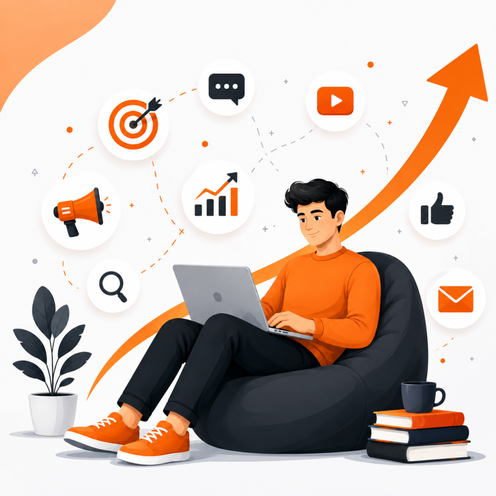 Digital marketing professional working on laptop surrounded by SEO, social media, and email marketing icons