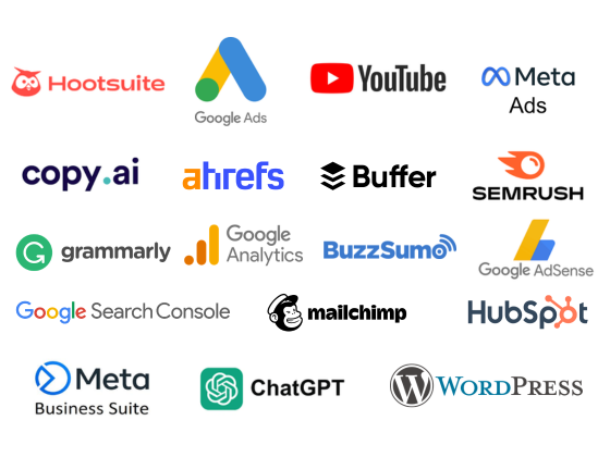 Digital marketing and SEO tools taught at AI Digital Marketing Institute in Yamunanagar - Google Ads, YouTube, Meta Ads, Ahrefs, SEMrush, Google Analytics, Mailchimp, HubSpot, ChatGPT and WordPress