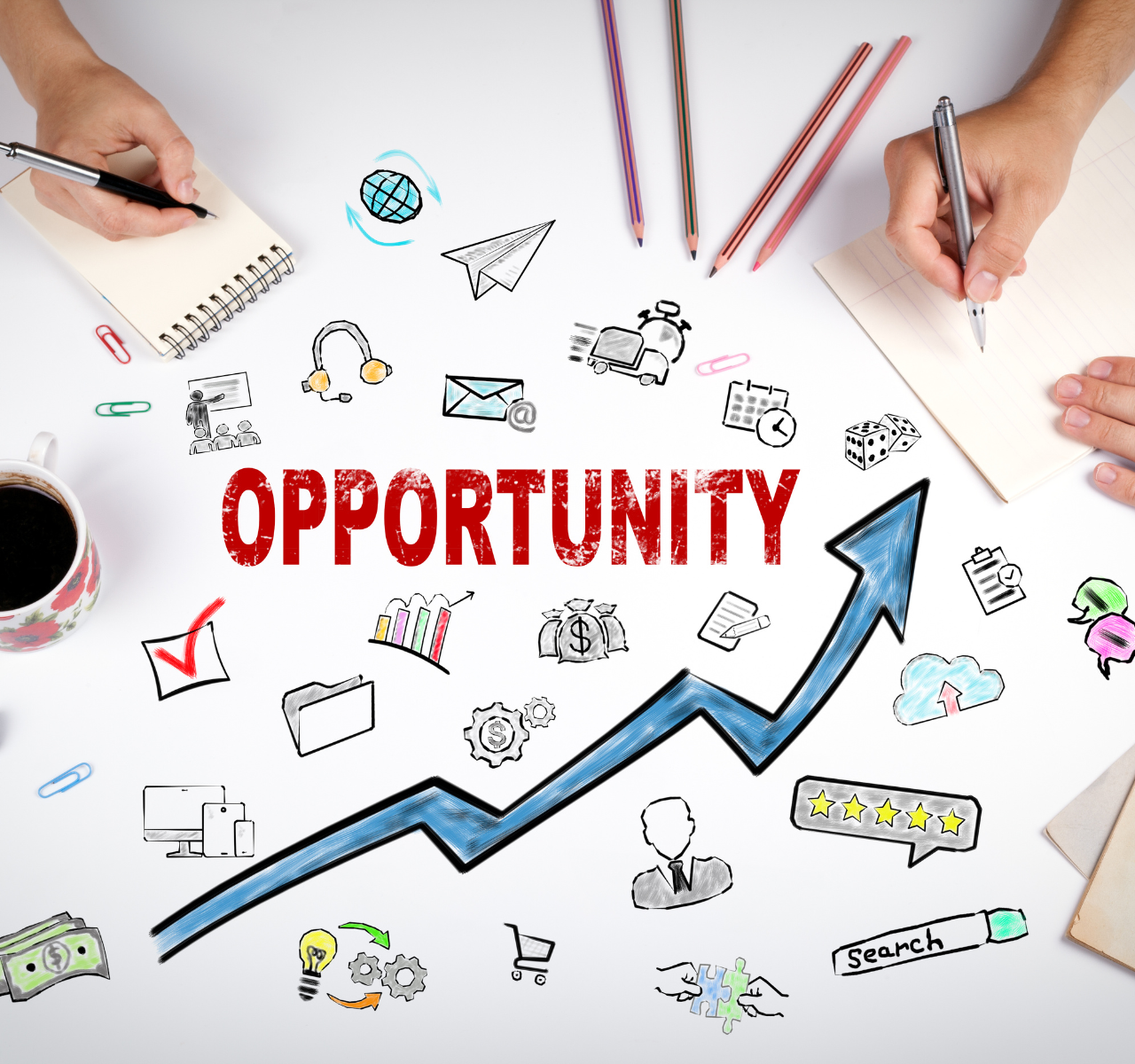 Digital marketing opportunity concept with growth chart, icons and workspace