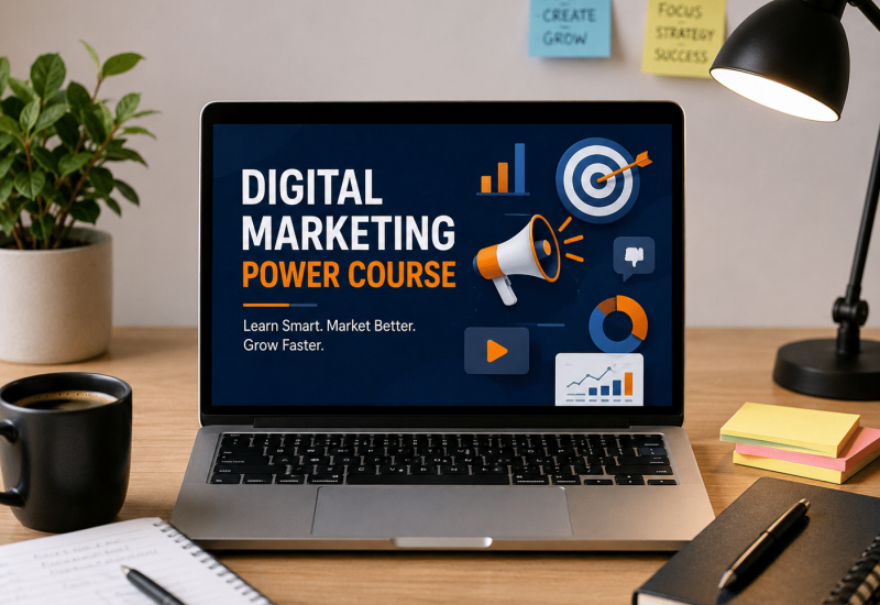 Digital Marketing Course for Business Owners - laptop screen showing course overview and growth strategy